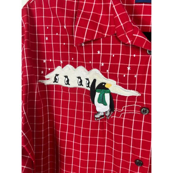 Vintage Karen Scott Red Plaid Holiday Winter Blouse Embroidered Penquins XL - Picture 2 of 6